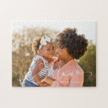 Elegant Mum Script Overlay Mother's Day Photo Jigsaw Puzzle<br><div class="desc">Celebrate mother's day with our beautiful personalised single family photo mother's day jigsaw puzzle. The design features a large full photo layout to display your own special photo. "Mum" is displayed over the photo in an elegant white script with looping heart design. Personalise with your names. Make a special family...</div>
