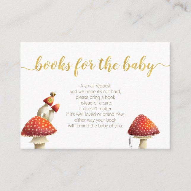 Elegant mushrooms & bees, gold foil books for baby enclosure card (Front)