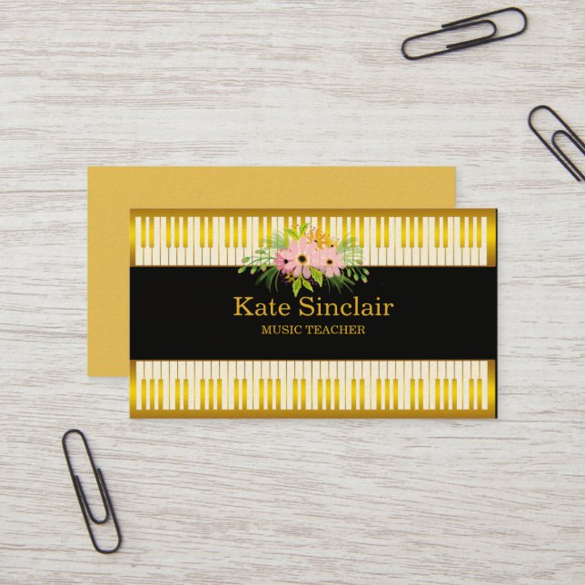 Elegant Music Teacher Piano Keys Musical Business Card (Front/Back In Situ)