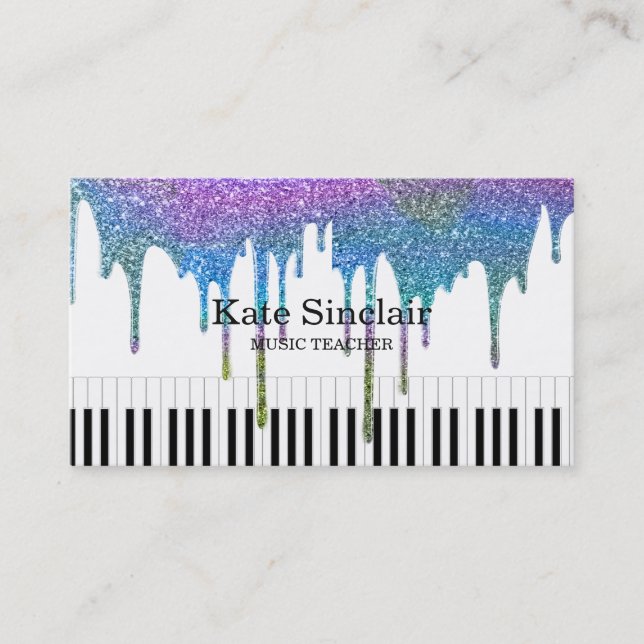 Elegant Music Teacher Piano Keys Musical Drip Business Card (Front)