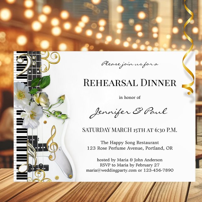 Elegant Music Themed Rehearsal Dinner Invitation (Rehearsal dinner invitation with a music theme with guitar, keyboard, gold stylized musical notes)