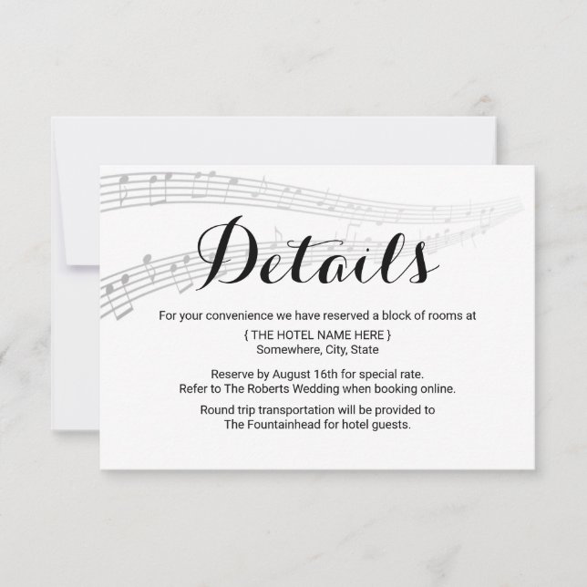 Elegant Music Wedding Details Accommodations Invitation (Front)