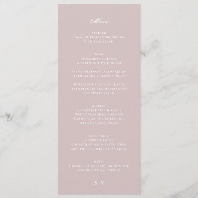 Elegant Musk Pink White Monogram Wedding Menu (Front)