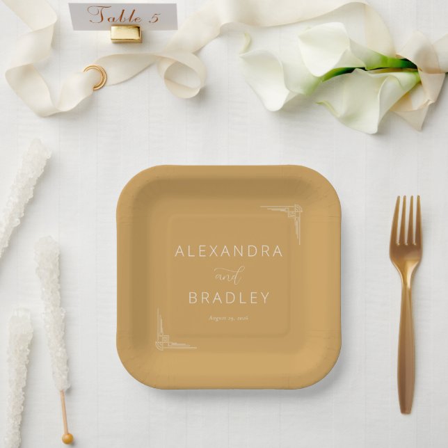 Elegant Mustard Geometric Motions Paper Plate (Wedding)