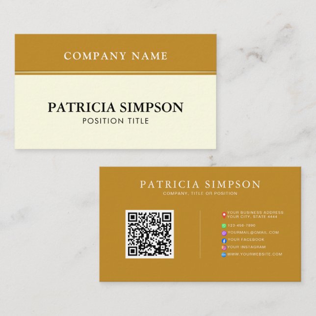 Elegant Mustard Gold and Beige Cream QR Code Links Business Card (Front/Back)