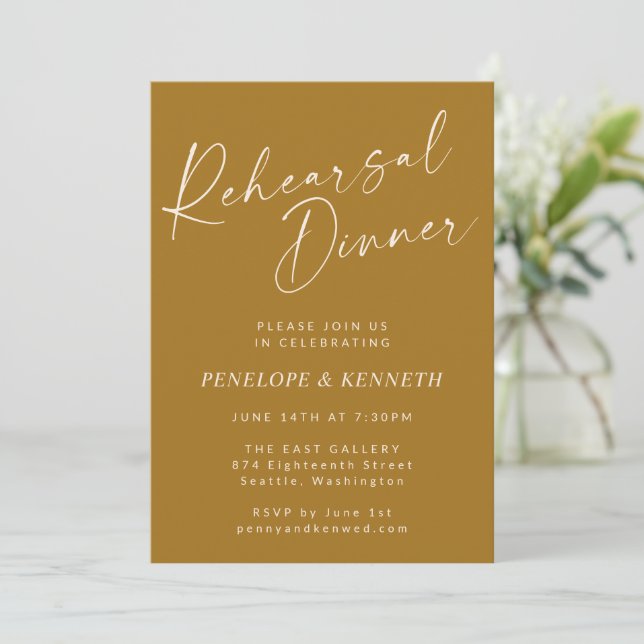Elegant Mustard Gold Script Rehearsal Dinner Invitation (Standing Front)