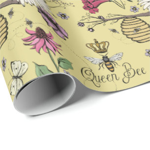 Elegant Mustard Mothers Day Queen Bee and Flowers Wrapping Paper