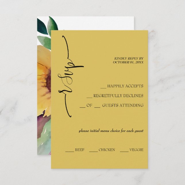 Elegant Mustard Sunflower Calligraphy RSVP Card (Front/Back)