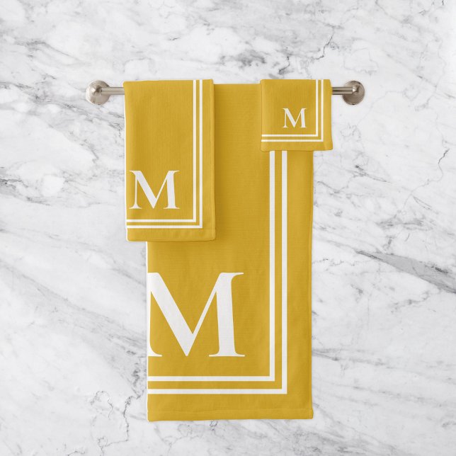 Elegant Mustard Yellow and White Monogram Bath Towel Set (Creator Uploaded)