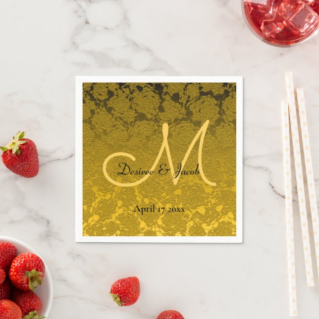 Elegant Mustard Yellow Black Wedding Monogram Napkin (Insitu)