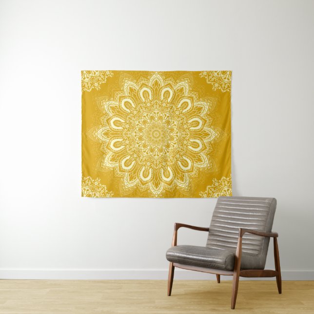 Elegant Mustard Yellow Flower Mandala Tapestry (In Situ (Horizontal))