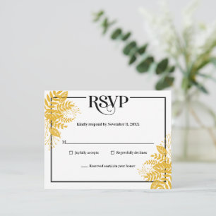 Elegant Mustard Yellow Leaves, Black & White RSVP Card