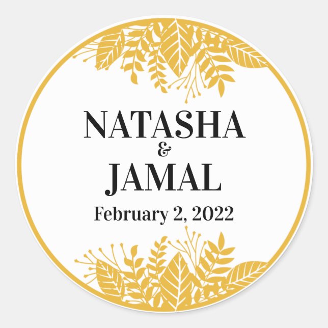 Elegant Mustard Yellow Leaves Classic Round Sticker (Front)