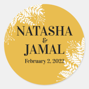 Elegant Mustard Yellow Leaves Wedding Classic Round Sticker