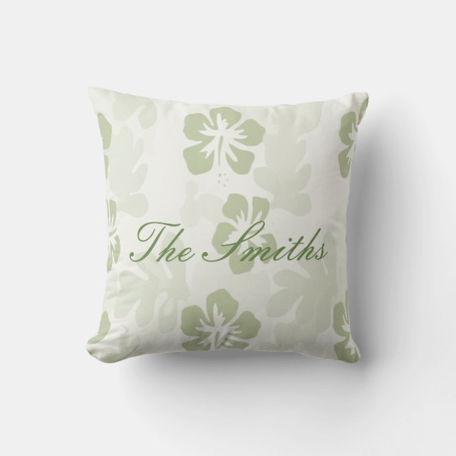 Elegant Muted Sage Hibiscus Pattern Cushion (Front)