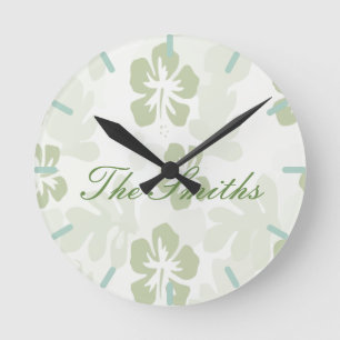 Elegant Muted Sage Hibiscus Pattern Round Clock