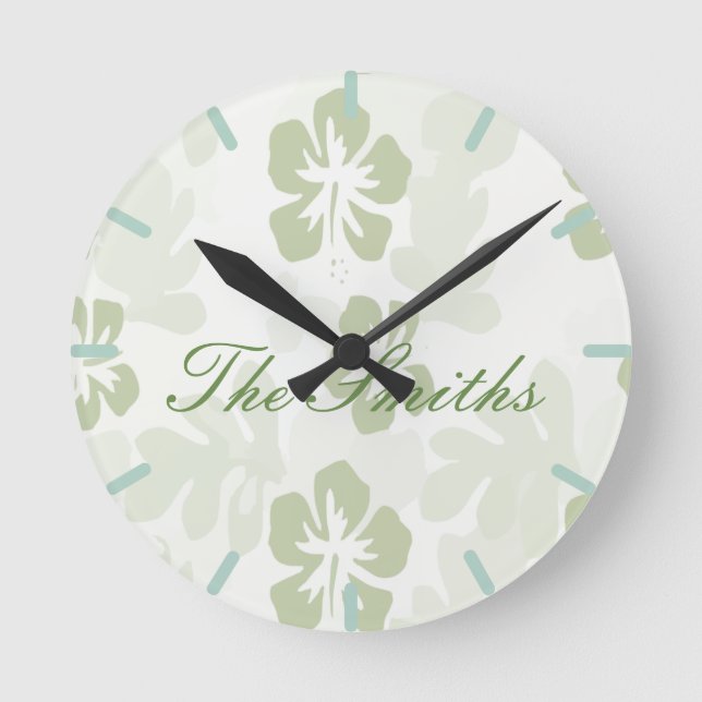 Elegant Muted Sage Hibiscus Pattern  Round Clock (Front)