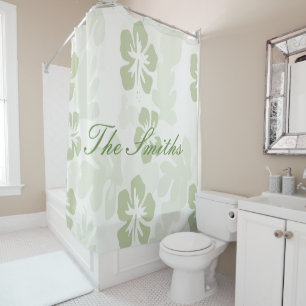 Elegant Muted Sage Hibiscus Pattern Shower Curtain
