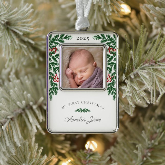 Elegant My First Christmas Photo Silver Plated Framed Ornament (Tree)