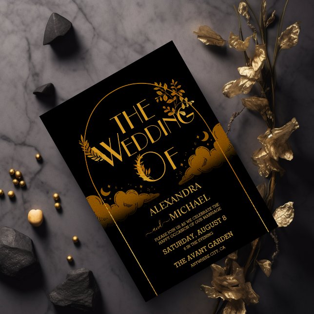 Elegant Mystical Black Gold Clouds Moon Wedding Invitation (Creator Uploaded)