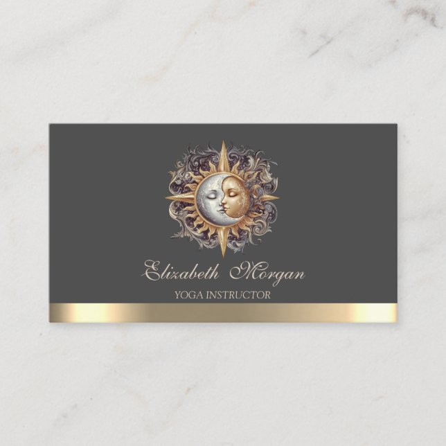 Elegant Mystical Moon Sun Gold Yoga Instructor  Business Card (Front)