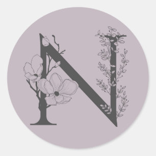 Elegant N Boho Floral Monogram Initial Lilac Grey Classic Round Sticker