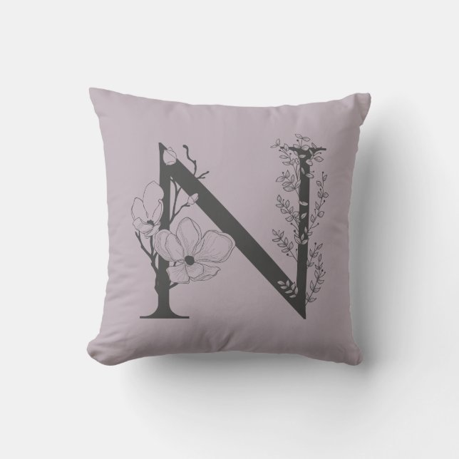 Elegant N Boho Floral Monogram Initial Lilac Grey Cushion (Front)