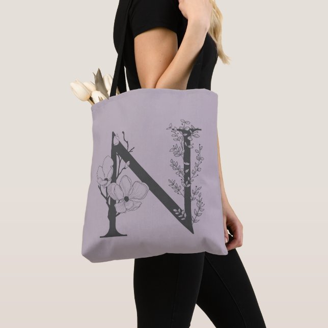 Elegant N Boho Floral Monogram Initial Lilac Grey Tote Bag (Close Up)