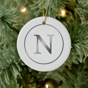 Elegant 'N' Monogram Noel Silver Line Border  Ceramic Ornament