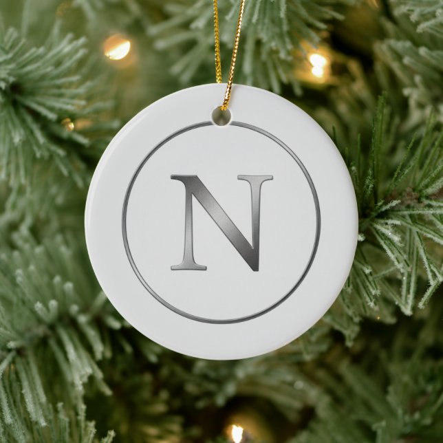 Elegant 'N' Monogram Noel Silver Line Border  Ceramic Ornament (Tree)