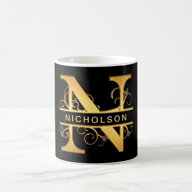 Elegant "N" Monogram Personalised Name Black Gold Coffee Mug (Center)