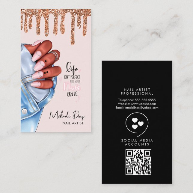 Elegant Nail Artist Designer Salon Glitter Pink Business Card (Front/Back)