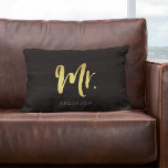 Elegant Name Faux Gold Mr Black Stripes Lumbar Cushion<br><div class="desc">Pillow featuring "Mr" in faux gold brush script against a black stripes stripes pattern background. Great for newly weds or anniversaries. Personalise it by replacing the placeholder text. For more options such as to change the font and it's size click the "Customise it" button. *Please note that the Zazzle Watermark...</div>