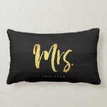 Elegant Name Faux Gold Mrs Black Stripes Lumbar Cushion<br><div class="desc">Pillow featuring "Mrs" in faux gold brush script against a black stripes stripes pattern background. Great for newly weds or anniversaries. Personalise it by replacing the placeholder text. For more options such as to change the font and it's size click the "Customise it" button. *Please note that the Zazzle Watermark...</div>