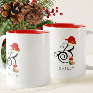 Elegant Name Initial Script Letter B Christmas Two-Tone Coffee Mug
