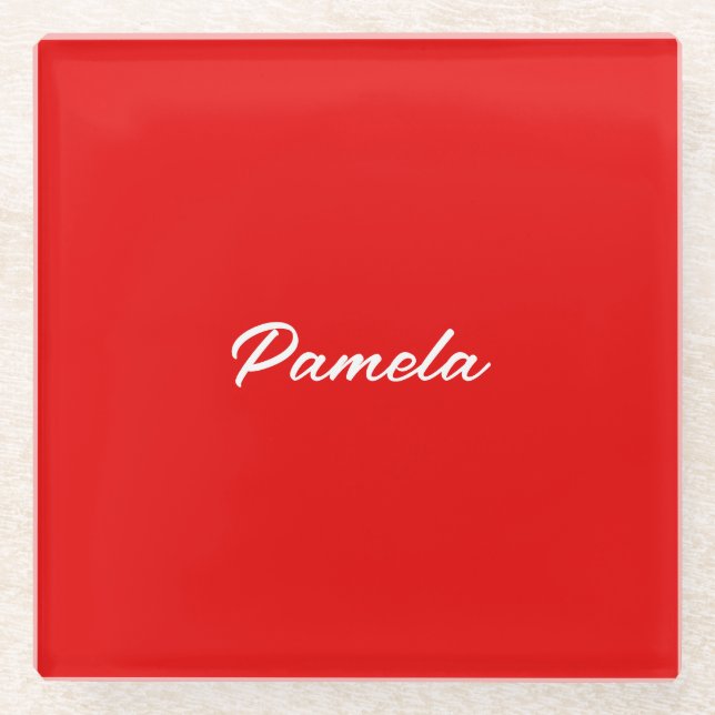 Elegant Name Minimalist Classical Warm Red Glass Coaster (Front)