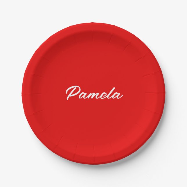 Elegant Name Minimalist Classical Warm Red Paper Plate (Front)
