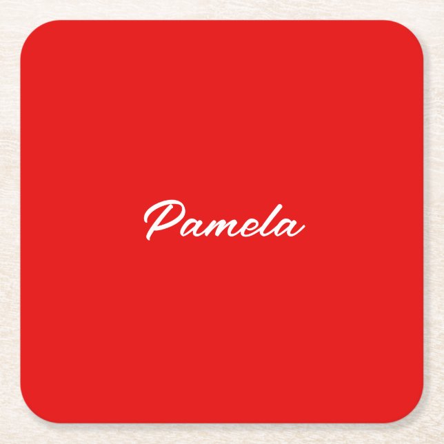 Elegant Name Minimalist Classical Warm Red Square Paper Coaster (Front)