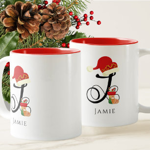 Elegant Name Modern Script All Letter J Christmas Two-Tone Coffee Mug