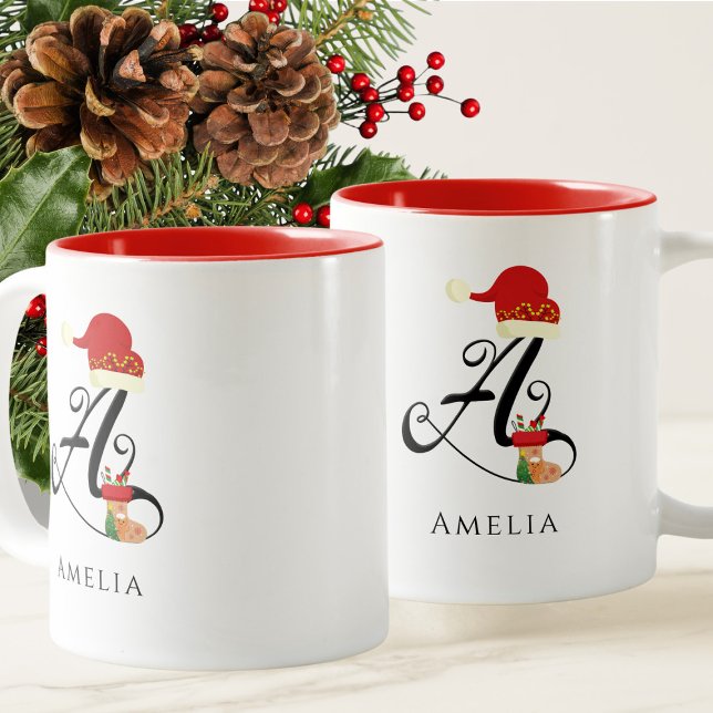Elegant Name Modern Script Letter A Cute Christmas Two-Tone Coffee Mug (Creator Uploaded)