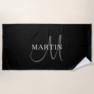 Elegant Name Monogram Black White & Grey Beach Towel