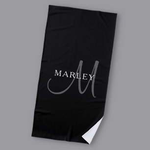 Elegant Name Monogram Black White & Grey Beach Towel