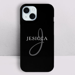Elegant Name Monogram Black White & Grey iPhone 15 Case