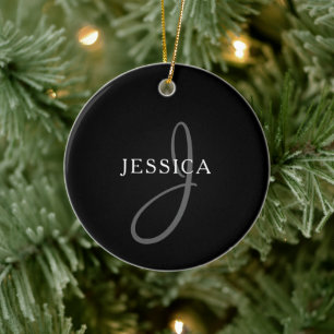 Elegant Name Monogram   Black White & Grey Ceramic Ornament