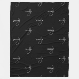 Elegant Name & Monogram   Black, White & Grey Fleece Blanket