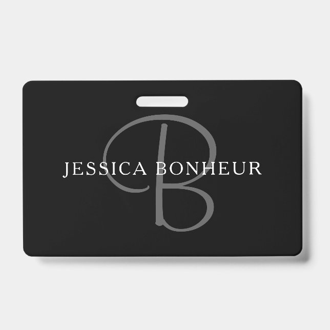 Elegant Name Monogram | Black White & Grey ID Badge (Front)