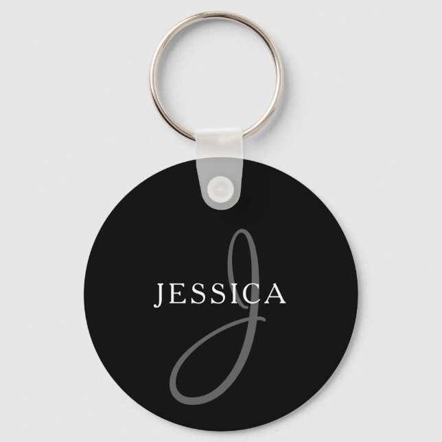 Elegant Name Monogram | Black White & Grey Key Ring (Front)