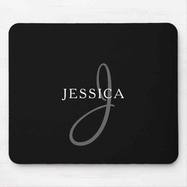Elegant Name Monogram | Black White & Grey Mouse Pad (Front)