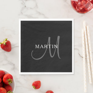 Elegant Name Monogram Black White & Grey Napkin