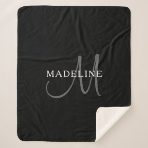 Elegant Name Monogram Black White & Grey Sherpa Blanket